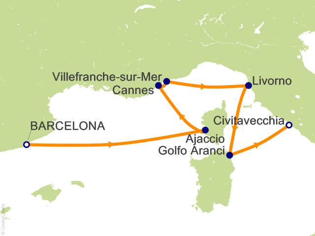 Carte de l’itinéraire Seven Seas Prestige, Barcelone → Rome (Civitavecchia)