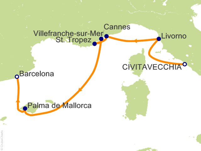 Carte de l’itinéraire Seven Seas Prestige, Rome (Civitavecchia) → Barcelone