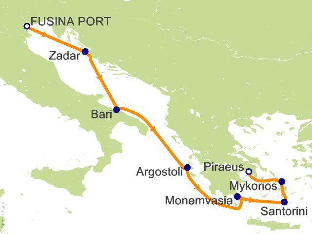 Carte de l’itinéraire Seven Seas Prestige, Trieste → Athènes (Le Pirée)