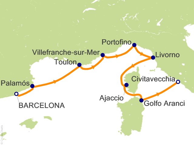 Carte de l’itinéraire Seven Seas Prestige, Barcelone → Rome (Civitavecchia)
