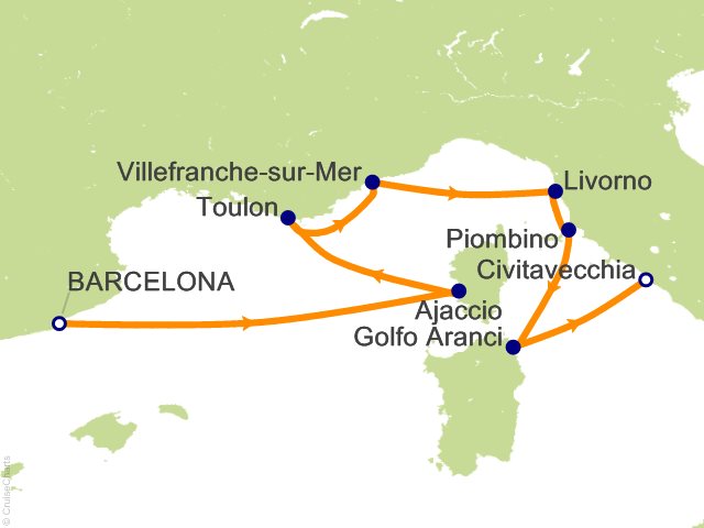 Carte de l’itinéraire Seven Seas Prestige, Barcelone → Rome (Civitavecchia)