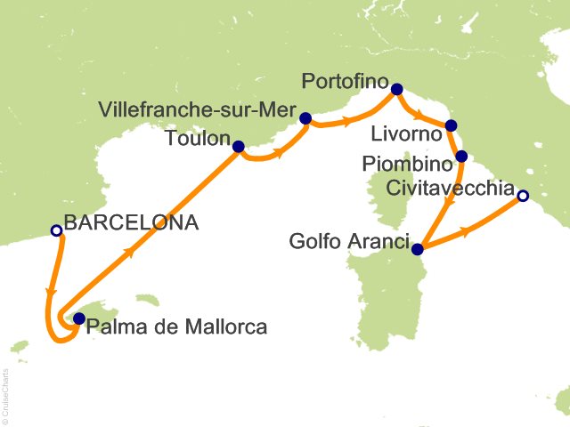 Carte de l’itinéraire Seven Seas Prestige, Barcelone → Rome (Civitavecchia)