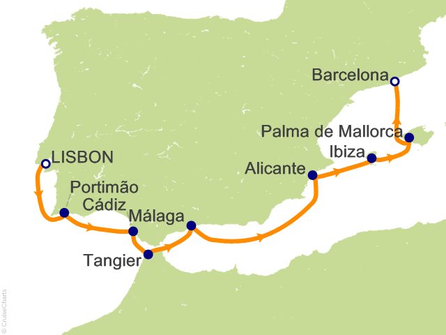Carte de l’itinéraire Seven Seas Prestige, Lisbonne → Barcelone