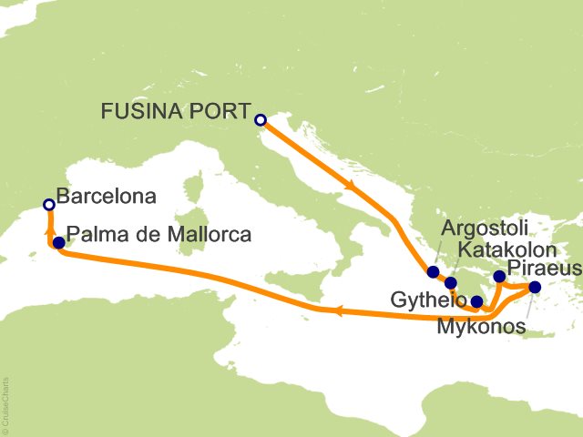 Carte de l’itinéraire Seven Seas Prestige, Trieste → Barcelone
