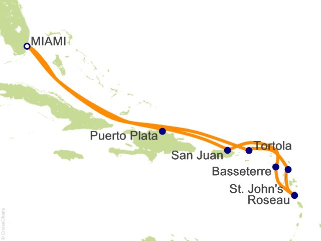 Carte de l’itinéraire Seven Seas Prestige, Miami → Miami