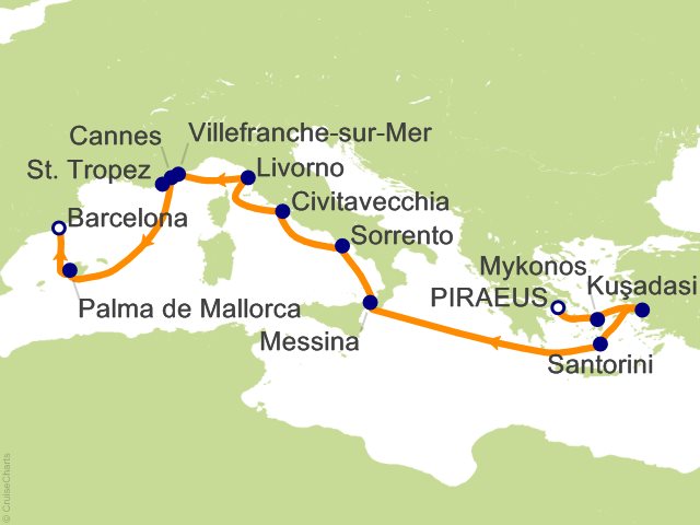 Carte de l’itinéraire Seven Seas Prestige, Athènes (Le Pirée) → Barcelone