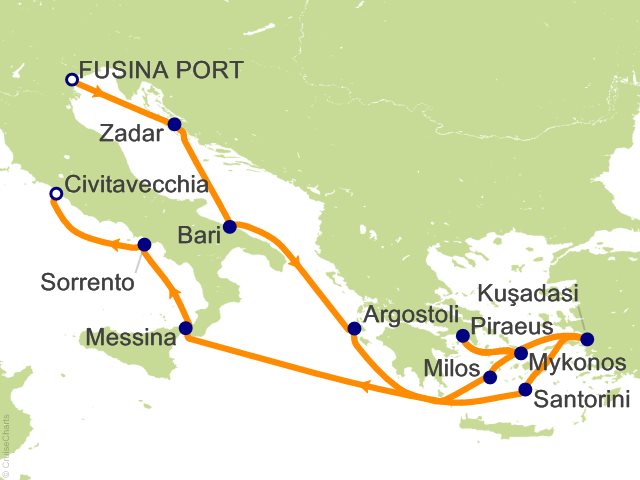 Carte de l’itinéraire Seven Seas Prestige, Trieste → Rome (Civitavecchia)