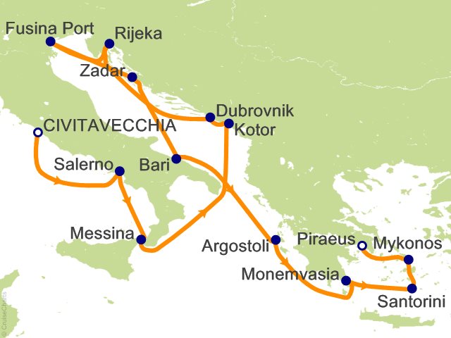 Carte de l’itinéraire Seven Seas Prestige, Rome (Civitavecchia) → Athènes (Le Pirée)