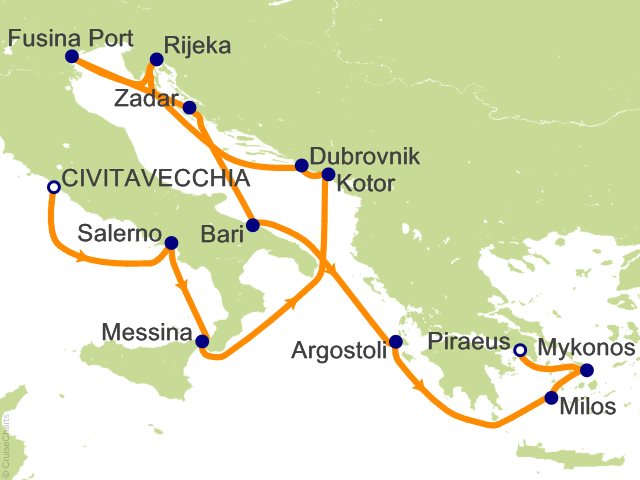 Carte de l’itinéraire Seven Seas Prestige, Rome (Civitavecchia) → Athènes (Le Pirée)