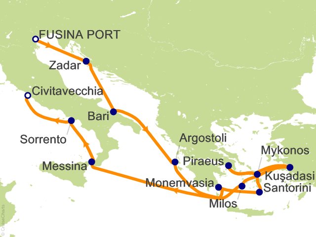 Carte de l’itinéraire Seven Seas Prestige, Trieste → Rome (Civitavecchia)