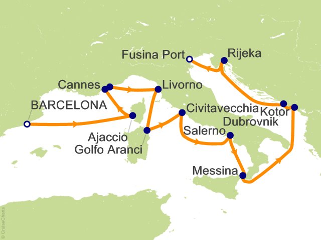Carte de l’itinéraire Seven Seas Prestige, Barcelone → Trieste