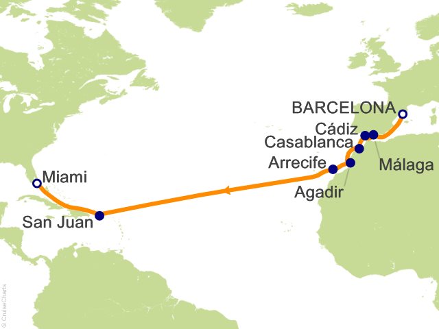Carte de l’itinéraire Seven Seas Prestige, Barcelone → Miami