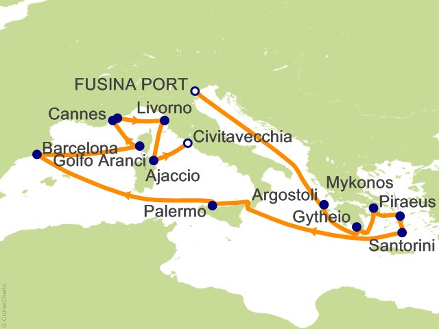 Carte de l’itinéraire Seven Seas Prestige, Ravenna → Rome (Civitavecchia)