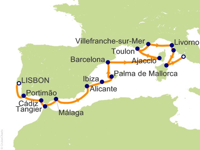 Carte de l’itinéraire Seven Seas Prestige, Lisbonne → Rome (Civitavecchia)