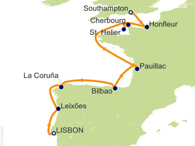 Carte de l’itinéraire Seven Seas Prestige, Lisbonne → Londres (Southampton)