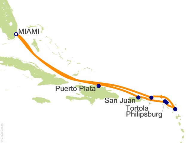 Carte de l’itinéraire Seven Seas Prestige, Miami → Miami