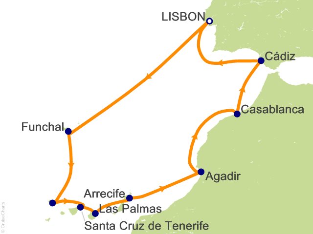 Carte de l’itinéraire Seven Seas Prestige, Lisbonne → Lisbonne