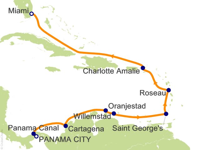 Carte de l’itinéraire Seven Seas Prestige, Panama → Miami