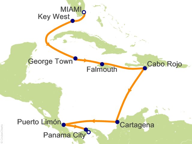 Carte de l’itinéraire Seven Seas Prestige, Miami → Panama