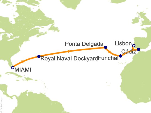 Carte de l’itinéraire Seven Seas Prestige, Miami → Lisbonne