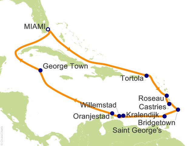 Carte de l’itinéraire Seven Seas Prestige, Miami → Miami
