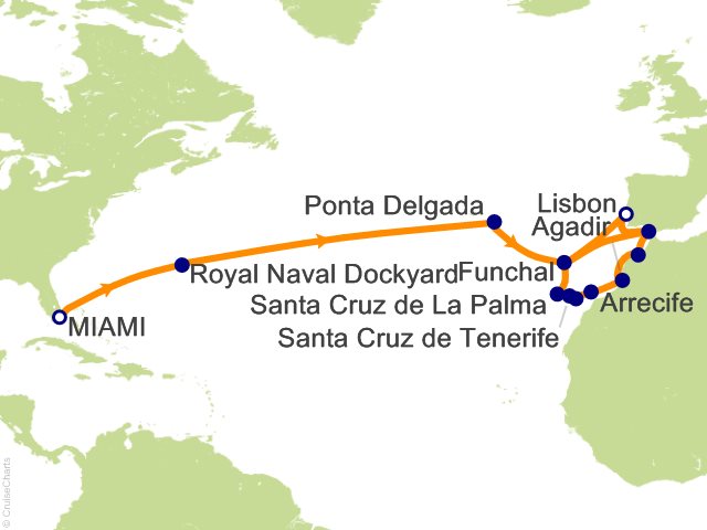 Carte de l’itinéraire Seven Seas Prestige, Miami → Lisbonne