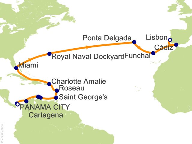 Carte de l’itinéraire Seven Seas Prestige, Panama → Lisbonne