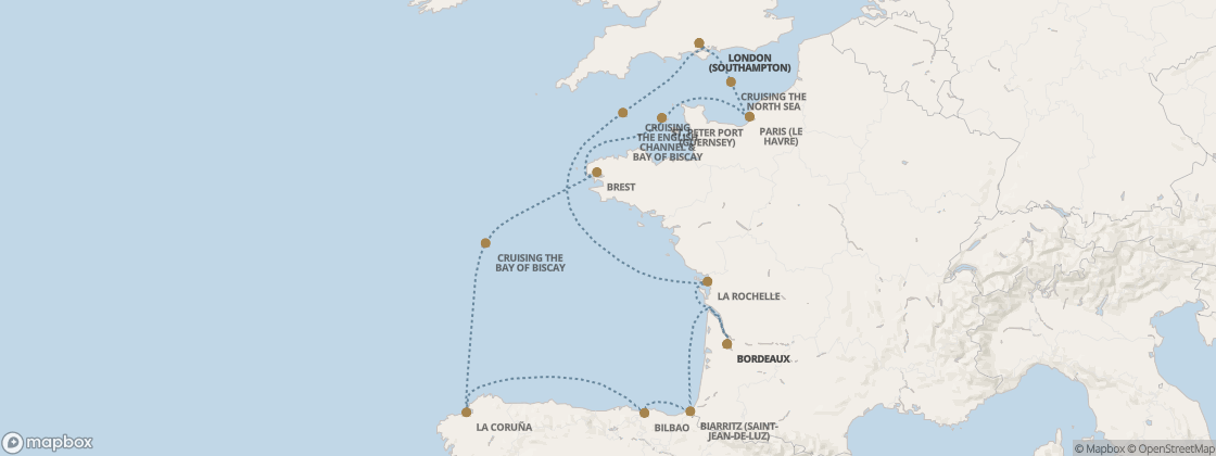 Carte de l’itinéraire Seven Seas Prestige, Londres (Southampton) → Londres (Southampton)