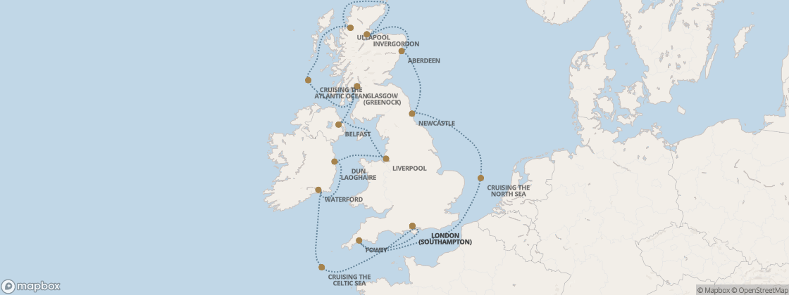 Carte de l’itinéraire Seven Seas Prestige, Londres (Southampton) → Londres (Southampton)