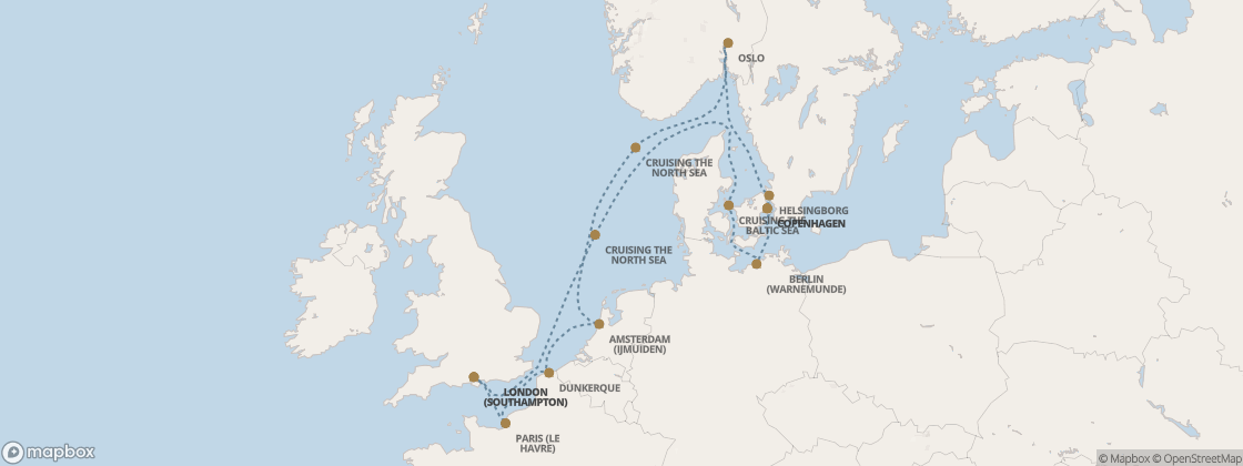 Carte de l’itinéraire Seven Seas Prestige, Londres (Southampton) → Londres (Southampton)