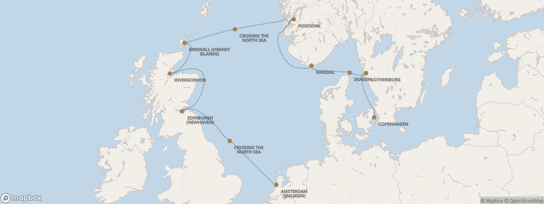 Carte de l’itinéraire Seven Seas Prestige, Copenhague → Amsterdam (Ijmuiden)