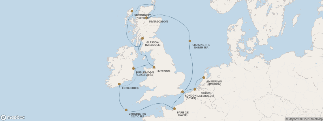 Carte de l’itinéraire Seven Seas Prestige, Amsterdam (Ijmuiden) → Londres (Douvres)