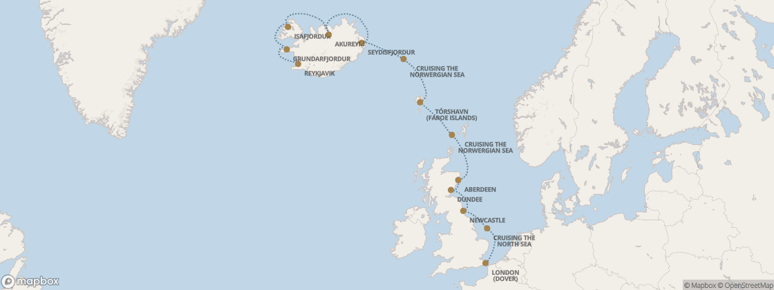 Carte de l’itinéraire Seven Seas Prestige, Londres (Douvres) → Reykjavík