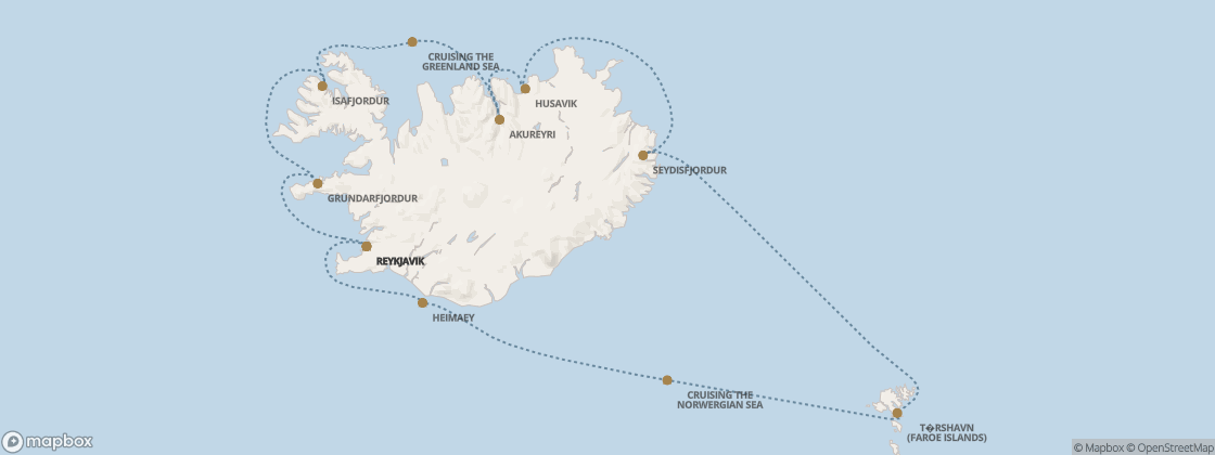Carte de l’itinéraire Seven Seas Prestige, Reykjavík → Reykjavík