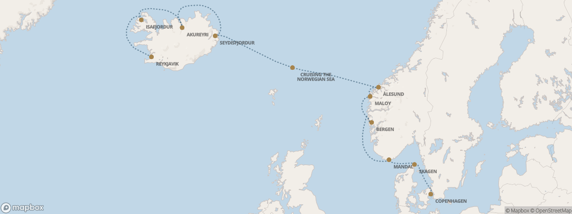 Carte de l’itinéraire Seven Seas Prestige, Reykjavík → Copenhague