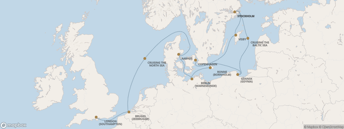 Carte de l’itinéraire Seven Seas Prestige, Copenhague → Londres (Southampton)