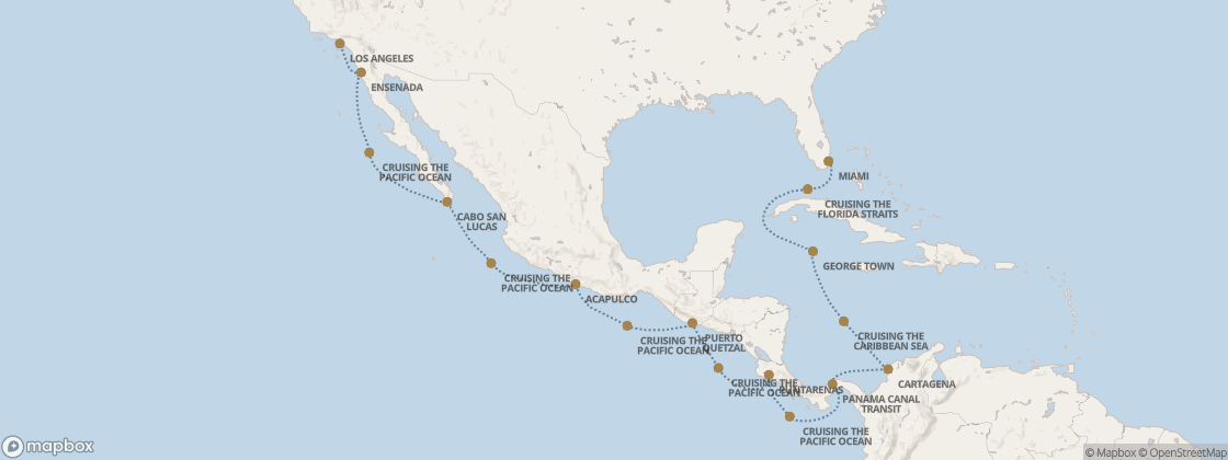 Carte de l’itinéraire Seven Seas Prestige, Miami → Los Angeles