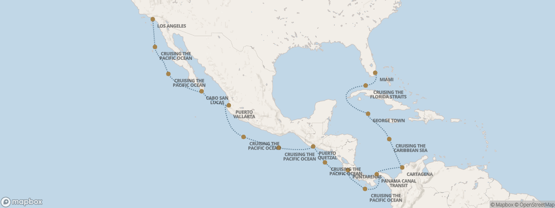 Carte de l’itinéraire Seven Seas Prestige, Los Angeles → Miami