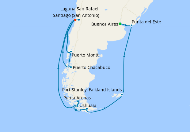 Carte de l’itinéraire Seven Seas Splendor, Buenos Aires → Santiago (San Antonio)