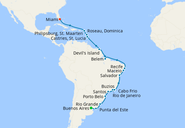 Carte de l’itinéraire Seven Seas Splendor, Buenos Aires → Miami