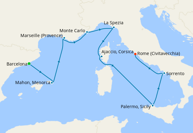 Carte de l’itinéraire Seven Seas Splendor, Barcelone → Rome (Civitavecchia)