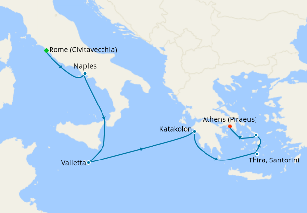 Carte de l’itinéraire Seven Seas Splendor, Rome (Civitavecchia) → Athènes (Le Pirée)