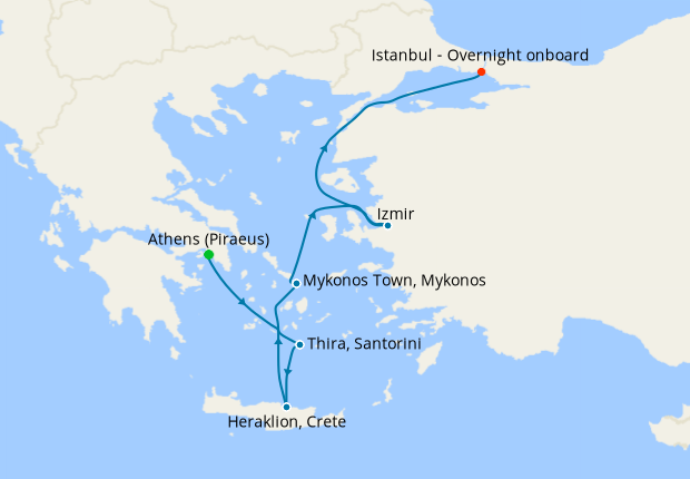 Carte de l’itinéraire Seven Seas Splendor, Athènes (Le Pirée) → Istanbul