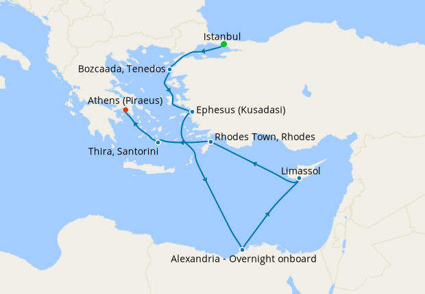 Carte de l’itinéraire Seven Seas Splendor, Istanbul → Athènes (Le Pirée)