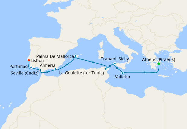 Carte de l’itinéraire Seven Seas Splendor, Athènes (Le Pirée) → Lisbonne