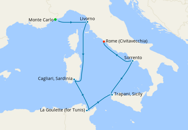 Carte de l’itinéraire Seven Seas Splendor, Monte Carlo → Rome (Civitavecchia)