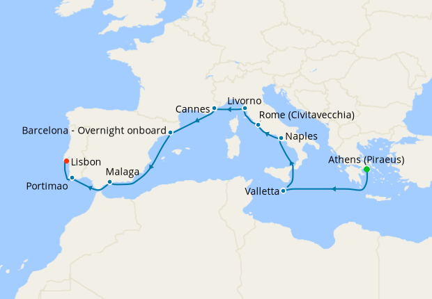 Carte de l’itinéraire Seven Seas Splendor, Athènes (Le Pirée) → Lisbonne