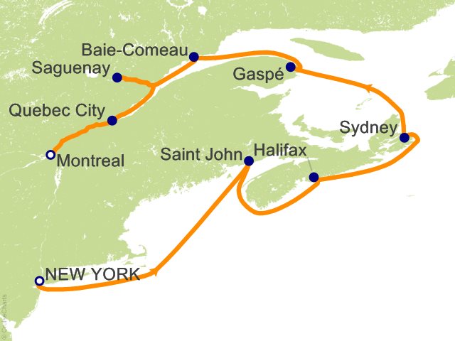 Carte de l’itinéraire Seven Seas Splendor, New York → Montréal