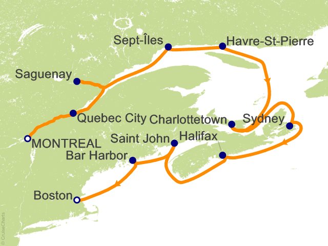 Carte de l’itinéraire Seven Seas Splendor, Montréal → Boston