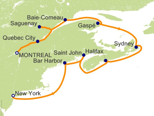 Carte de l’itinéraire Seven Seas Splendor, Montréal → New York